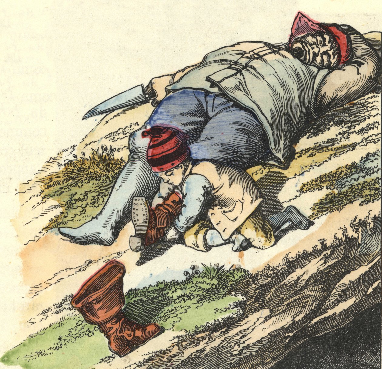小さなプセットは、眠っている鬼から7か所のブーツを盗みます。シャルル・ペローの童話「Le Pepetit Poucet」の挿絵 作： 無名の画家