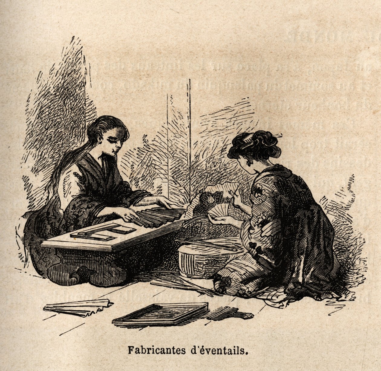 イーブンテールの製造。1863年から1864年にかけての日本への航海を説明するために、スイス盟約者団の大臣アイム・アンベールがエドゥアール・シャルトンの指揮のもとに出版した「Le tour du monde, nouveau journal des voyages」に掲載されたエングレーヴィング。 作： 無名の画家