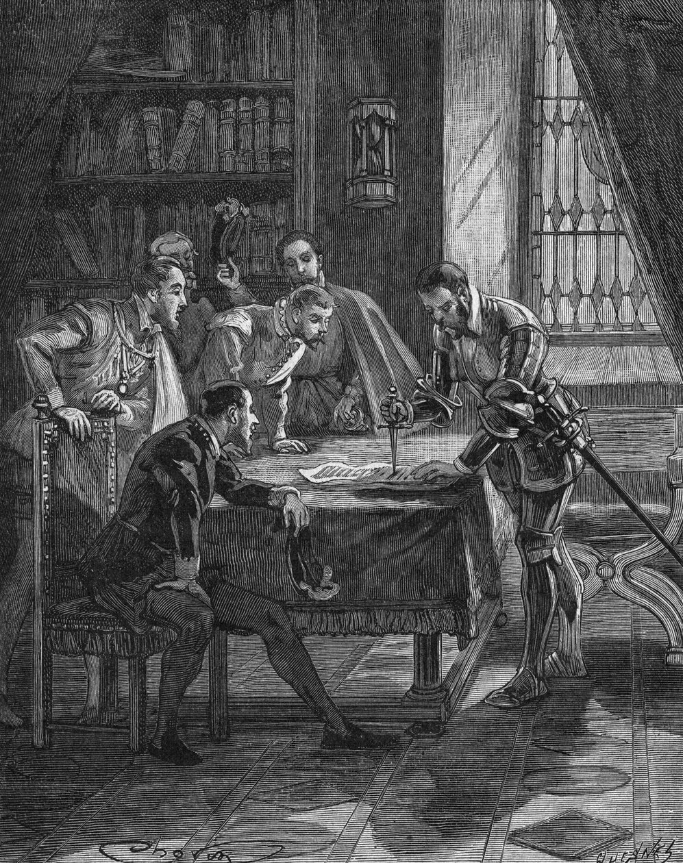 Der Marschall von Vieilleville steckt seinen Dolch in ein Patent, durch das der König von Frankreich Heinrich II. (1519-1559) ihm und den fünf anwesenden Herren das Recht zur Beschlagnahme aller Wucherer und Lutheraner von Guienne, Limousin, Quercy und S von Unknown artist