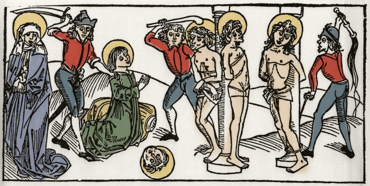 ローマの聖フェリシテと7人の息子の殉教 VoragineのJacobus (James) (1228-1298)の "Leben der Heiligen - sommerteil" (聖人の書物)からのエングレーヴィング。Lubeck 1488年。 作： 無名の画家