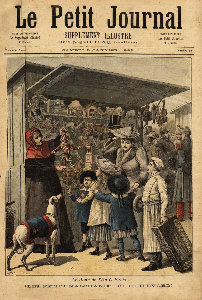 パリの1年の日の商人とその大通りの表示。Le petit journal "1892年2月1日号に掲載されたエングレーヴィング。セルバのコレクション。 作： 無名の画家