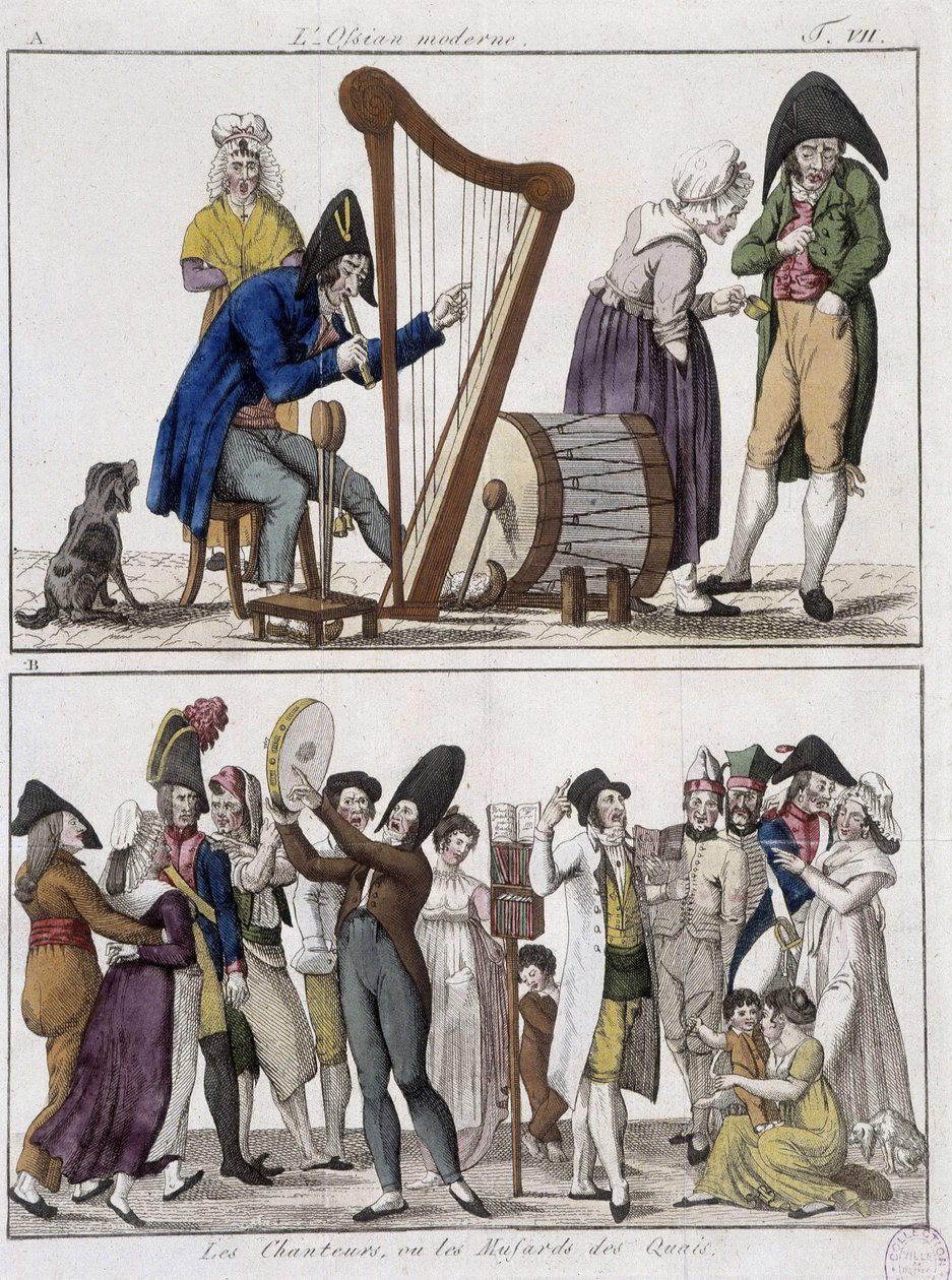 現代のオシアン（男のオーケストラ）と「The singers or the musards of the docks」（街角の音楽隊） - エピナルのイメージ 作： 無名の画家