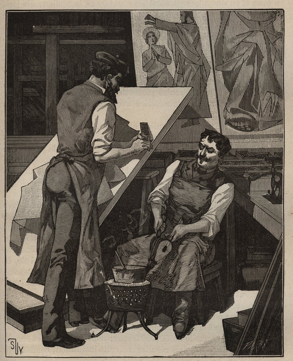 モザイク：モザイクのワークショップ。Adolphe BITARDの "Les arts et metiers illustres "に掲載された1885年のエングレーヴィング。 作： 無名の画家