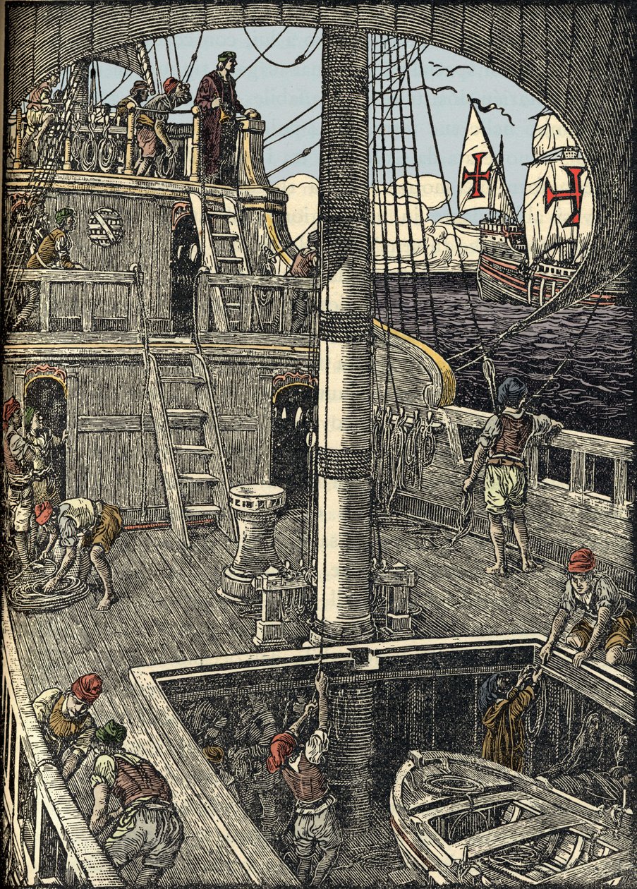 航海士クリストファー・コロンブス（1451-1506）の乗ったカラベル。 作： 無名の画家