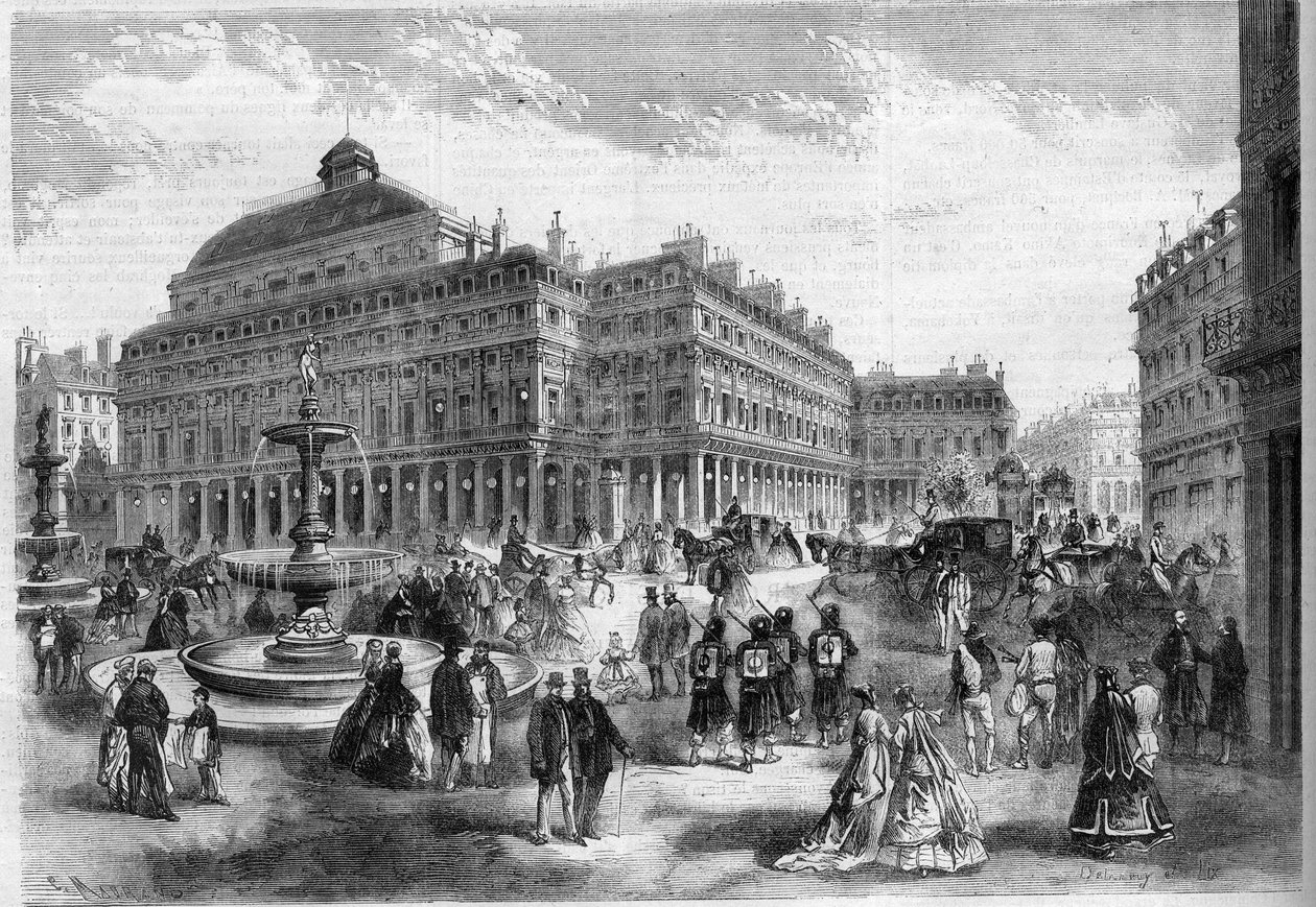 パリのパレ・ロワイヤル(Palais Royal)に投影された噴水のあるフランスの劇場(Comedie Francaise)の新名所。"L