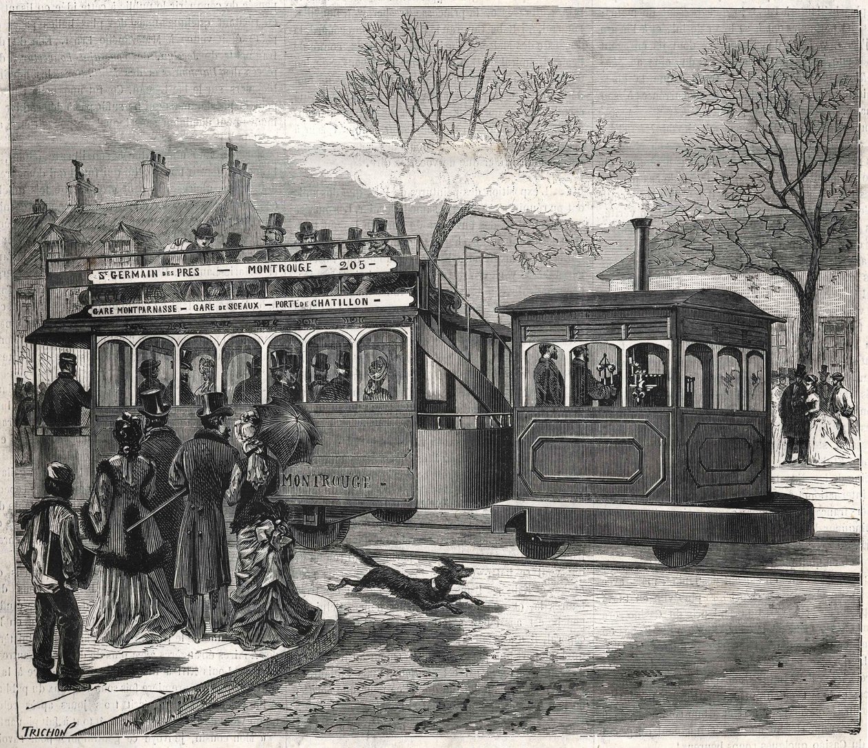 1876年、パリの新しい蒸気トラムは、サンジェルマン・デ・プレの線路上をシャティヨンの入り口で走っていた、エングレーヴィング・ビアンケッティのコレクション。 作： 無名の画家