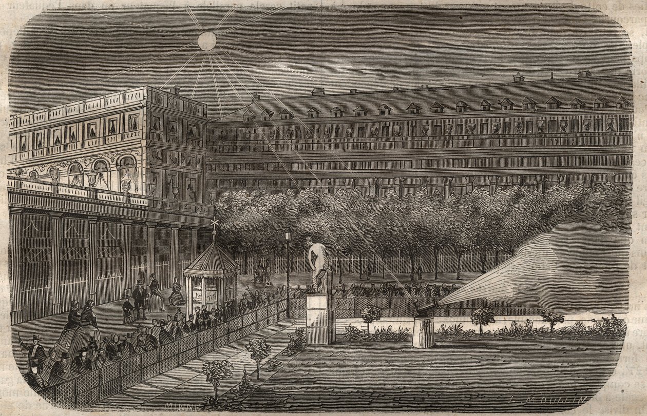 パリのパレ・ロワイヤル（Palais-Royal）にある正午の銃（ソーラーキャノン）。"Le Musee Des Sciences "の1857年のエングレービング 作： 無名の画家