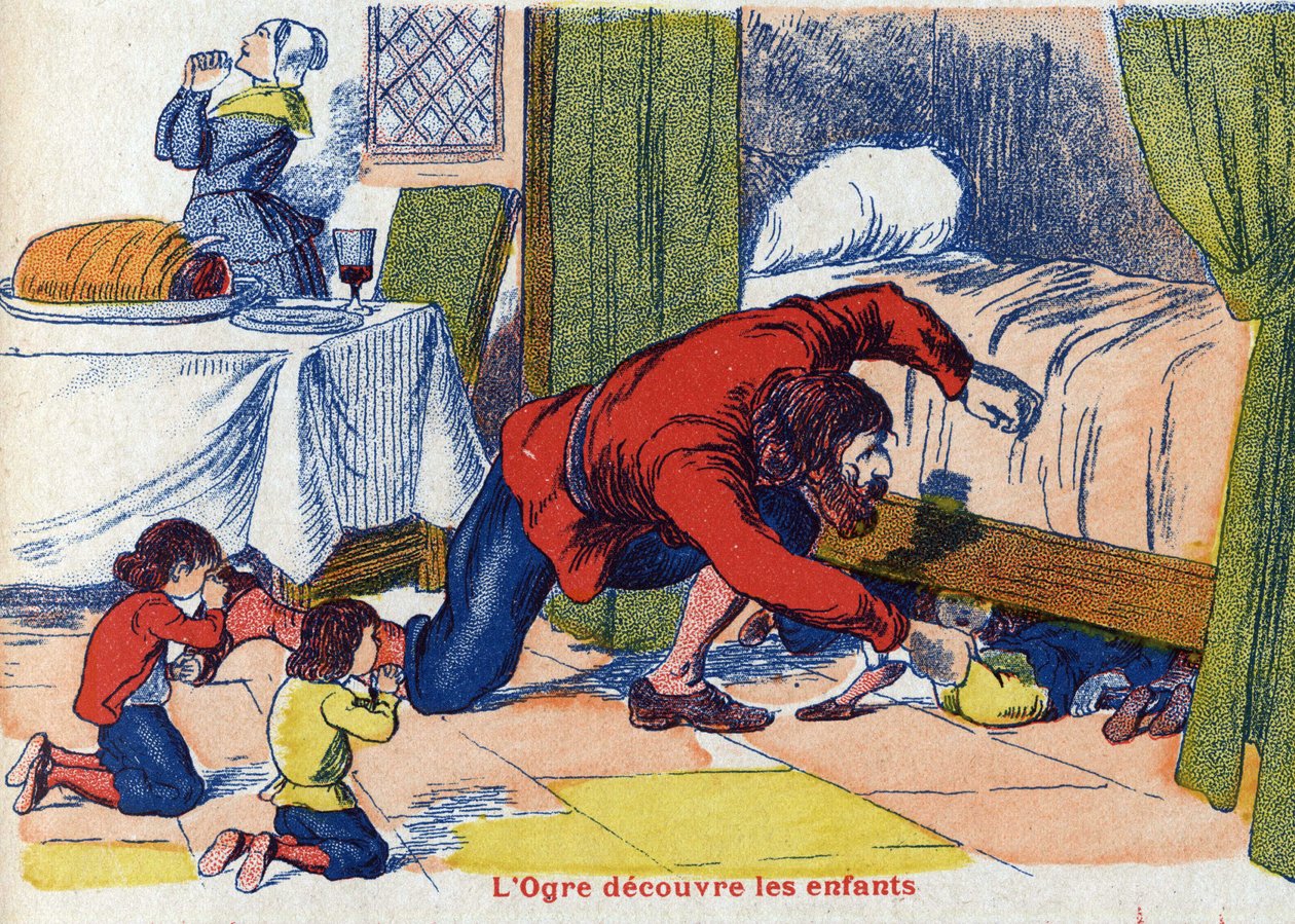 鬼は子供たちを発見する。フランスの作家、シャルル・ペロー（1628-1703）の物語「Le Pepetit poucet」の挿絵。匿名のイラスト。イメージ：Marcel Vagne, Jarville Nancy, undated (19世紀後半). 作： 無名の画家