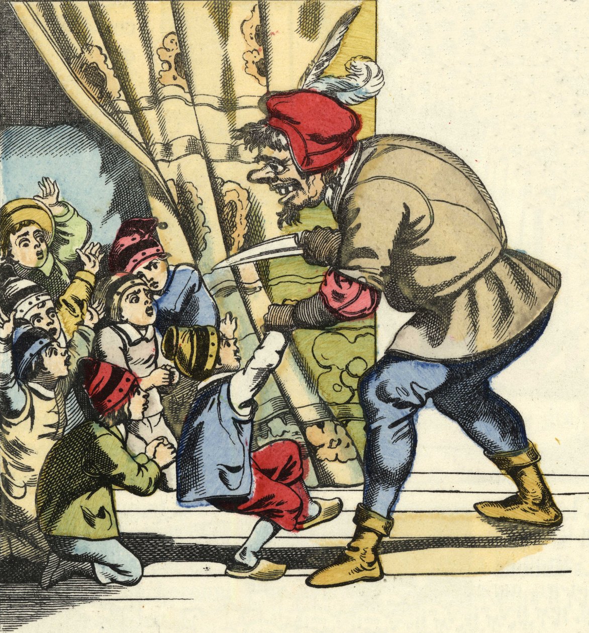 鬼は子供を食べようと思って連れて行きます。シャルル・ペローの「Le Pepetit Poucet」という物語の挿絵 作： 無名の画家