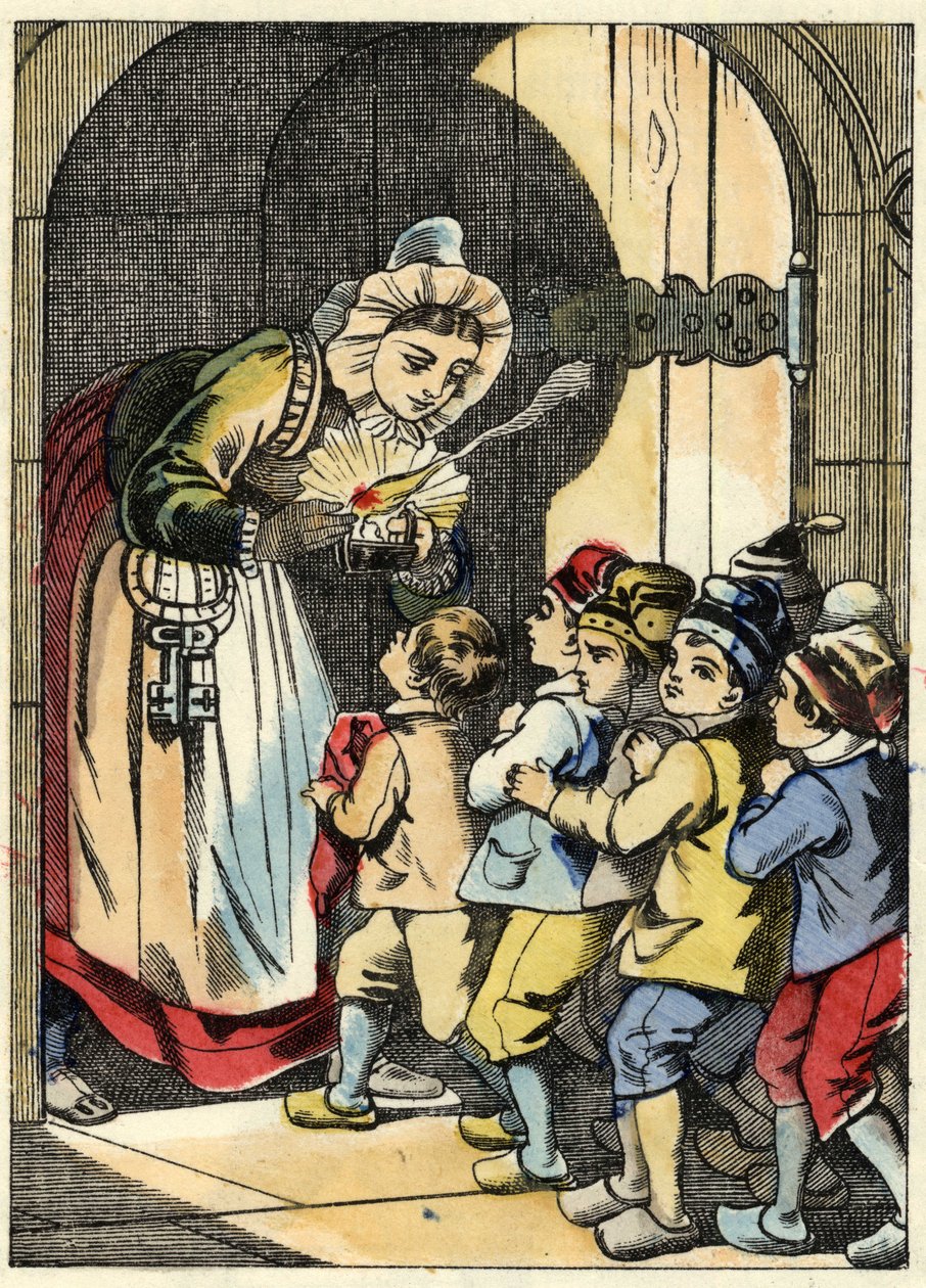 鬼の妻は、小人のプーセットとその兄弟のためにドアを開ける。シャルル・ペローの物語「Le Pepetit Poucet」の挿絵 作： 無名の画家