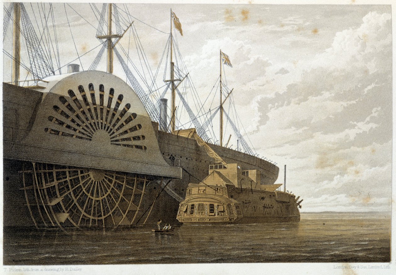 シアネスの "GreatEastern "と並んでケーブルを積んだ古いフリゲート艦 - 1860年頃、W.H.ラッセルの "The Atlantic telegraph "にて 作： 無名の画家