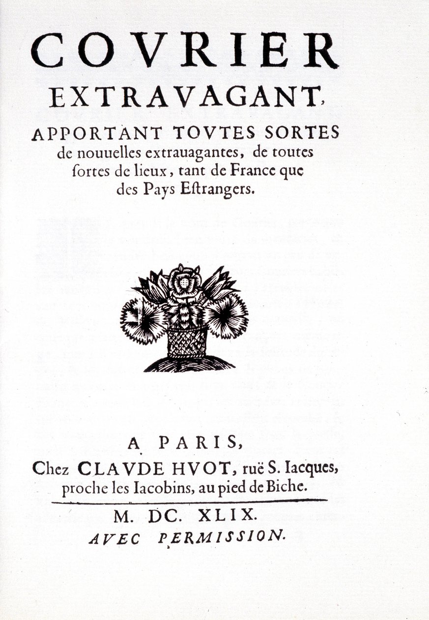 パリのChez Claude Huotにて、「Courier extravagant（フランスと海外のあらゆる場所から、あらゆる種類の贅沢なニュースを届ける）」の1枚。 作： 無名の画家