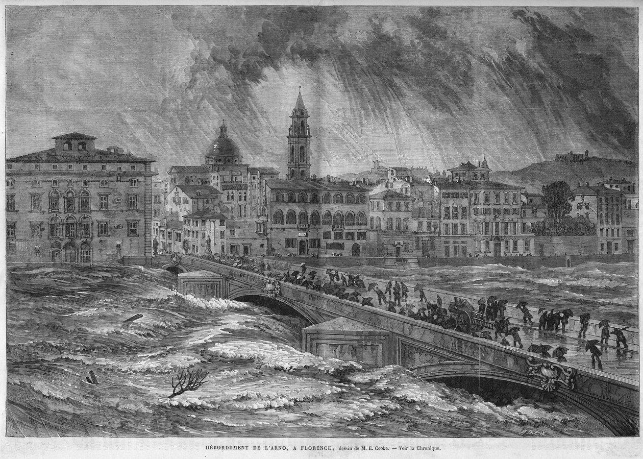 1868年、アルノ川のフィレンツェへの越流し。 作： 無名の画家
