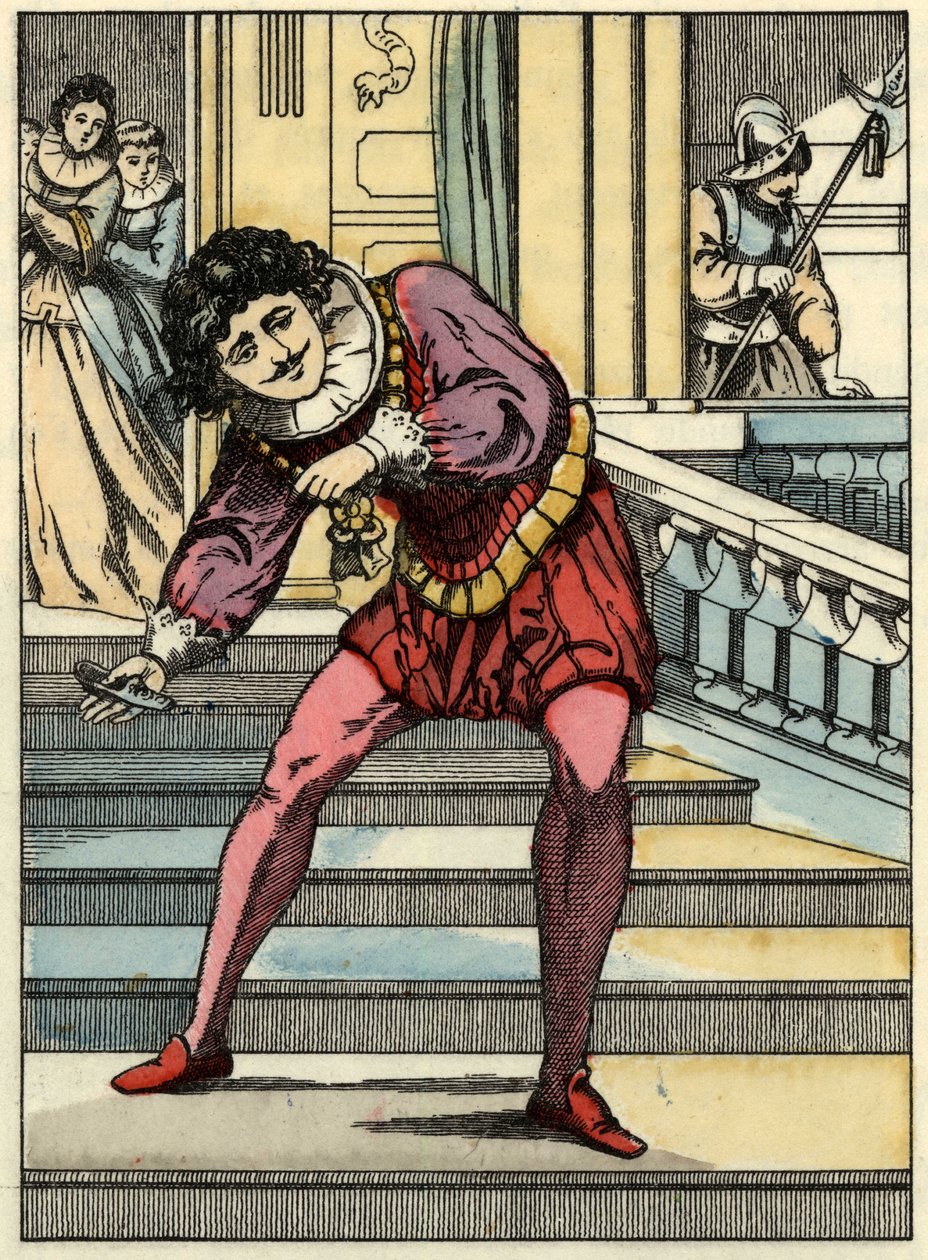 シンデレラが履いたガラスの靴を王子が拾う。シャルル・ペローの物語「シンデレラ」（La petite slipper de verre）の挿絵。 作： 無名の画家