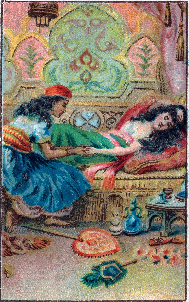 王女は気絶する。Les mille et une nuits"(les 1001 nuits ou Le mille e una notte, Arabian Nights)の中の "Histoire du cheval enchante "という物語。19世紀末のクロモリ写真。 作： 無名の画家