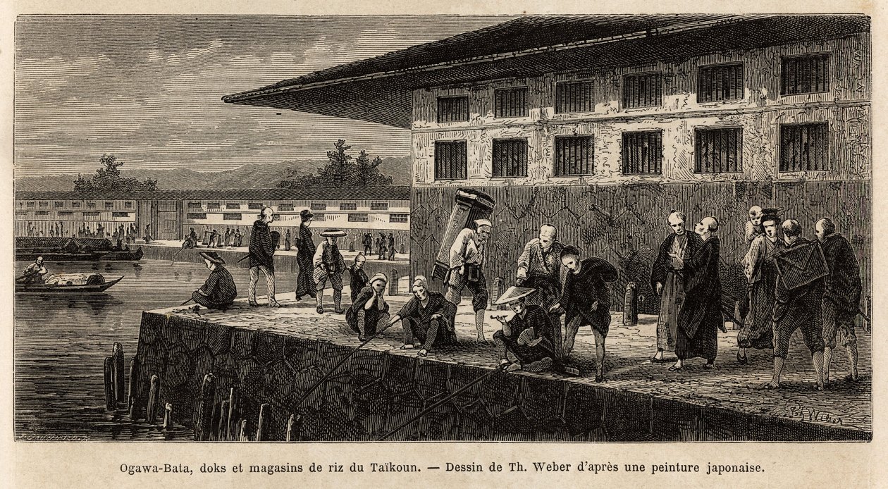 江戸を横切る小川にある太公望の岸壁と米屋の倉庫群。1863年から1864年にかけて、スイス連邦公使アイム・アンベールが日本への旅を説明するために描いたもので、出版された。 作： 無名の画家