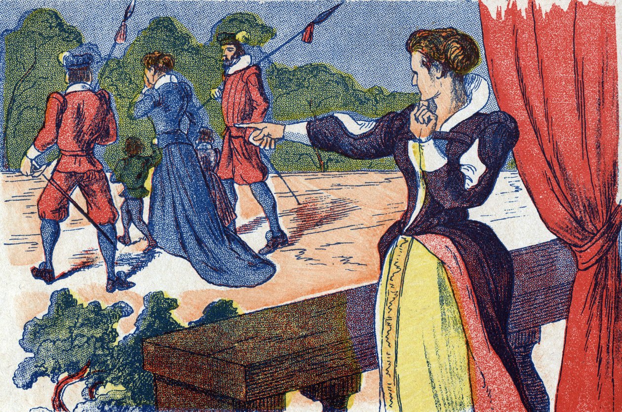 皇太后は王妃とその子供たちを監禁している。フランスの作家、シャルル・ペロー（1628-1703）の物語「La belle au bois dormant」の匿名の挿絵。イメージ：Marcel Vagne, Jarville Nancy, undated (19世紀後半). 作： 無名の画家