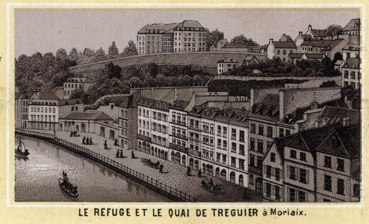 Morlaix（Finistere, Brittany地方）のTreguierの避難所と岸壁。19世紀末のクロモリトグラフ。 作： 無名の画家