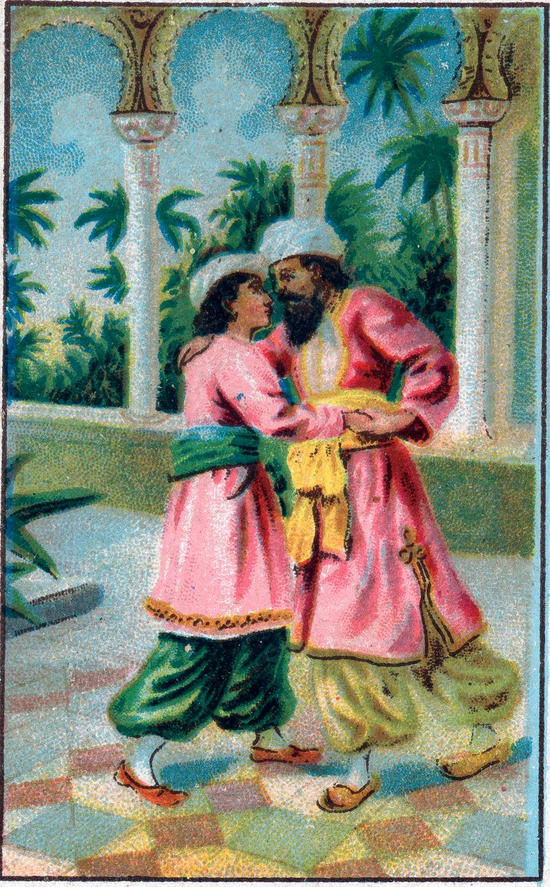 王子様の帰還。Les mille et une nuits" (les 1001 nuits ou Le mille e una notte, Arabian Nights)の中のTale "Histoire du cheval enchante"。19世紀末のクロモリトグラフ。 作： 無名の画家