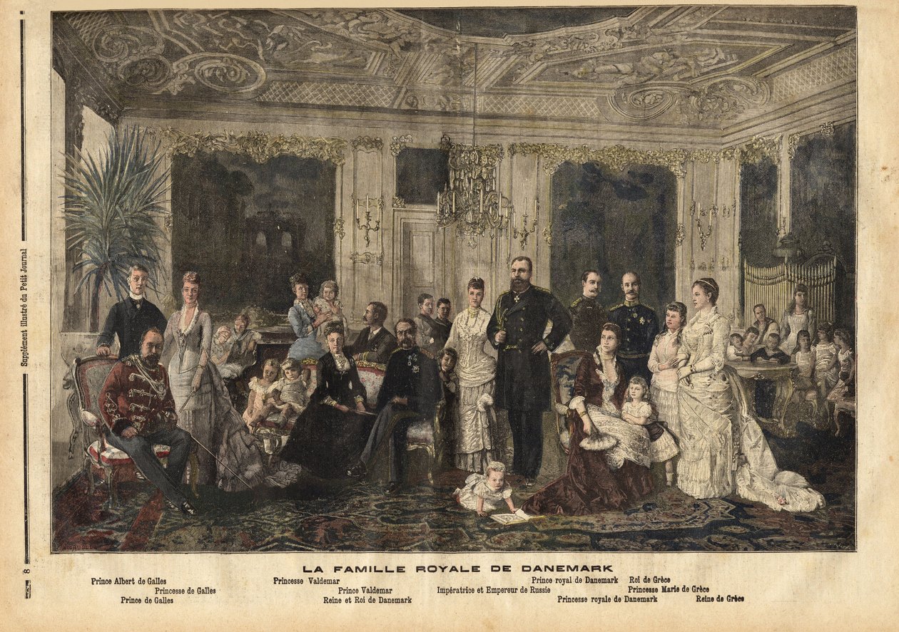 中央に座るデンマーク王室、ヘッセン＝カッセルのルイーズ王妃（1817-1898）とデンマーク王クリスチャン9世（1818-1906）は、何人もの子供を王室の家系に嫁がせたことから「ヨーロッパのハンサムな父」と呼ばれています。 作： 無名の画家