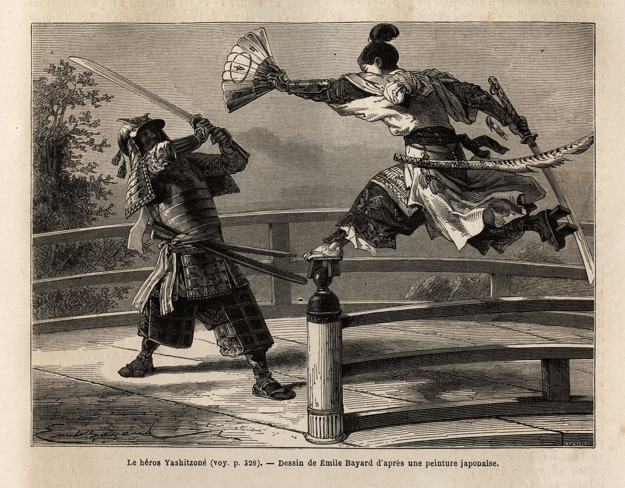 橋の上で天秤にかけられた侍・義経が、鎧を着た侍を襲うシーン。1863年から1864年にかけて、スイス連邦公使アイム・アンベールが日本への航海を説明するために描いたエングレーヴィング、"Le tour du monde, nouveau journal des voyages" 作： 無名の画家