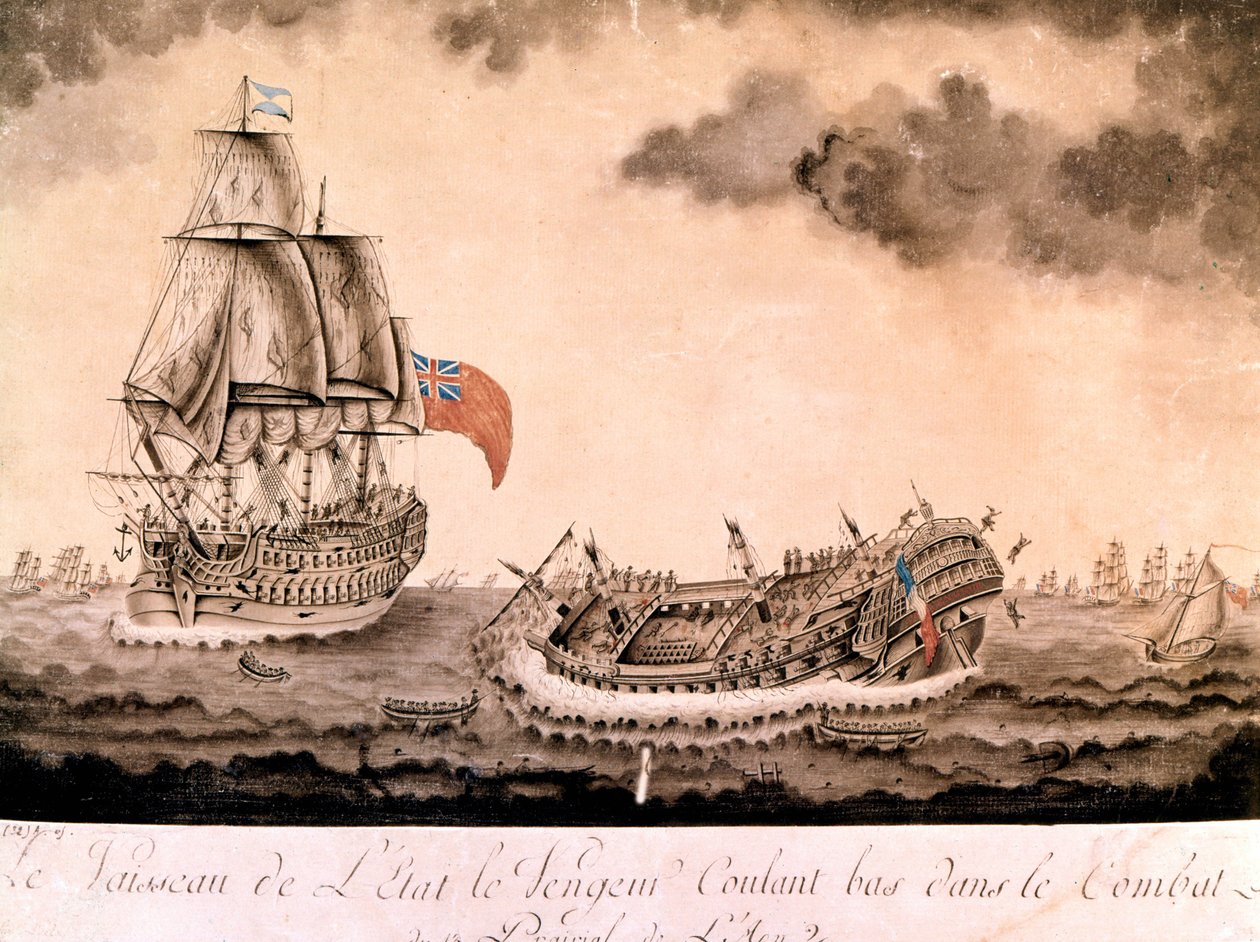 1794年1月6日にイギリス艦隊によってブレスト沖で沈没した「アヴェンジャー」の難破船。18世紀末から19世紀初頭にかけての版画。 作： 無名の画家
