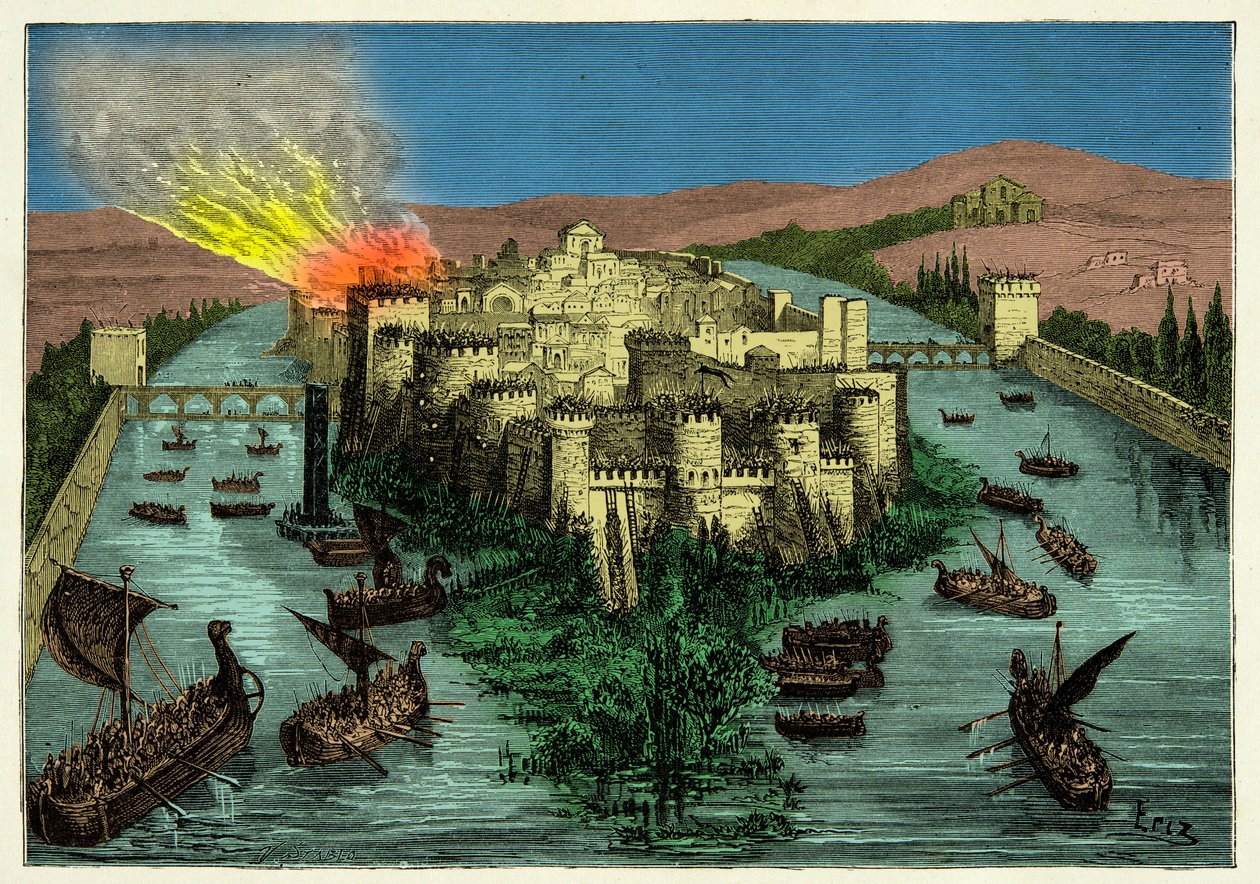 845年、ラグナール・ロドブロクを中心としたヴァイキングによるパリの包囲戦、19世紀のエングレーヴィング 作： 無名の画家
