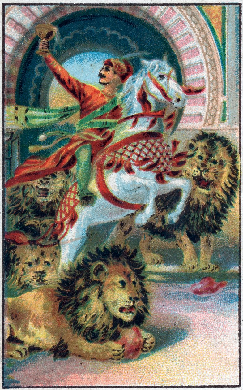 ライオンの源流。アーメド王子と料金のパリ・バヌー（パリ・バヌー）の歴史（パリバヌー）。1001夜の物語（千夜一夜物語）。19世紀末のクロモリトグラフ。 作： 無名の画家