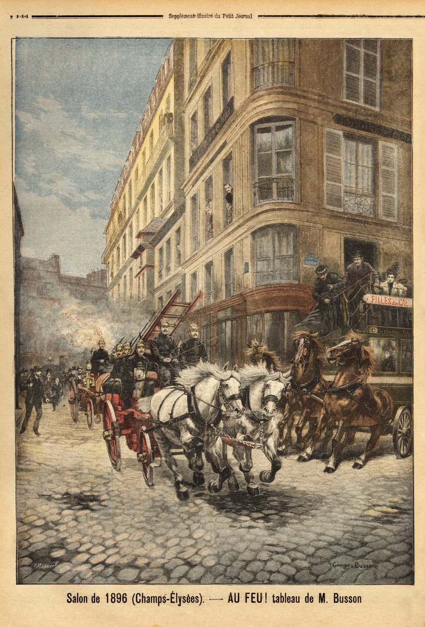 ブッソン氏の絵によると、パリの消防士の蒸気ポンプと車両。Le petit journal "1896年3月5日号に掲載されたエングレーヴィング。セルバのコレクション。 作： 無名の画家