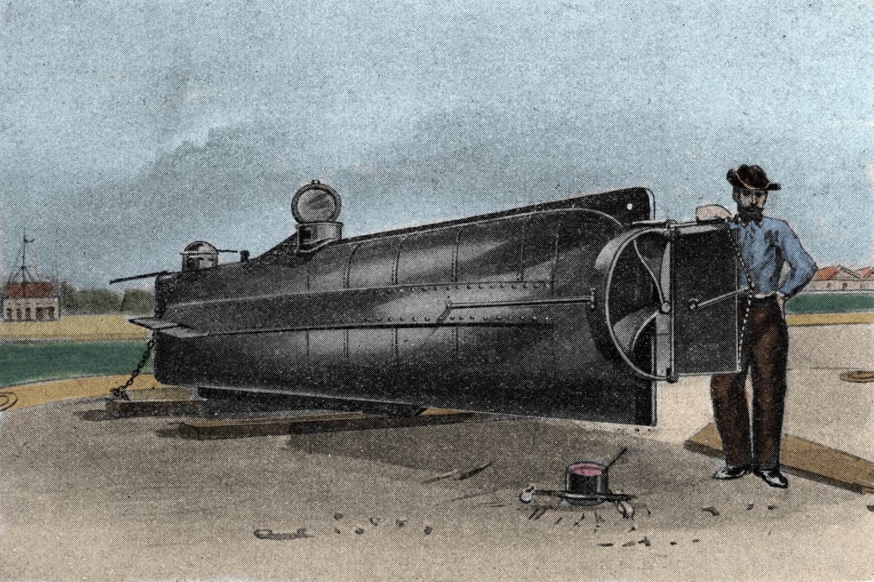 分離戦争で南軍が使用した潜水艦（サブマリン）CSS H. L. Hunley。1861-1865年 19世紀のエングレービング 作： 無名の画家