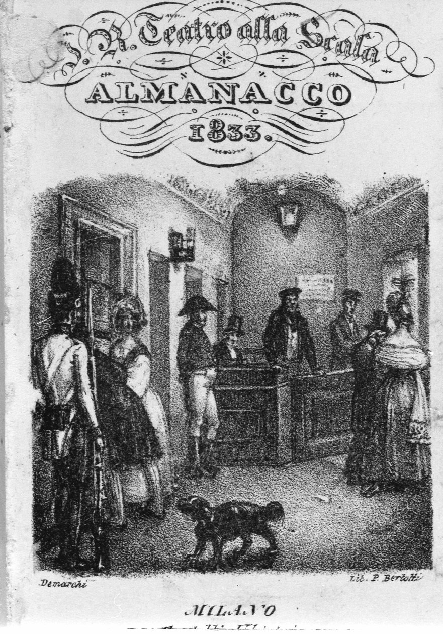スカラ座のチケット売り場、1833年のアルマナック。 作： 無名の画家