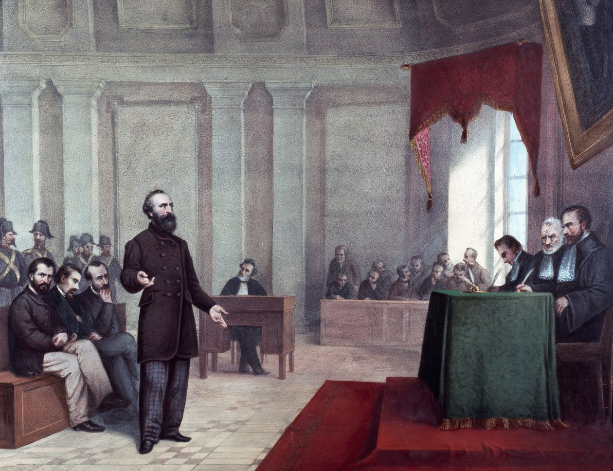1858年1月14日のナポレオン3世襲撃事件を起こしたフェリーチェ・オルシーニ（1819 - 1858）の裁判の様子。19世紀末のリトグラフ。ミラノの個人コレクション ©Luisa Ricciarini/Leemage 作： 無名の画家