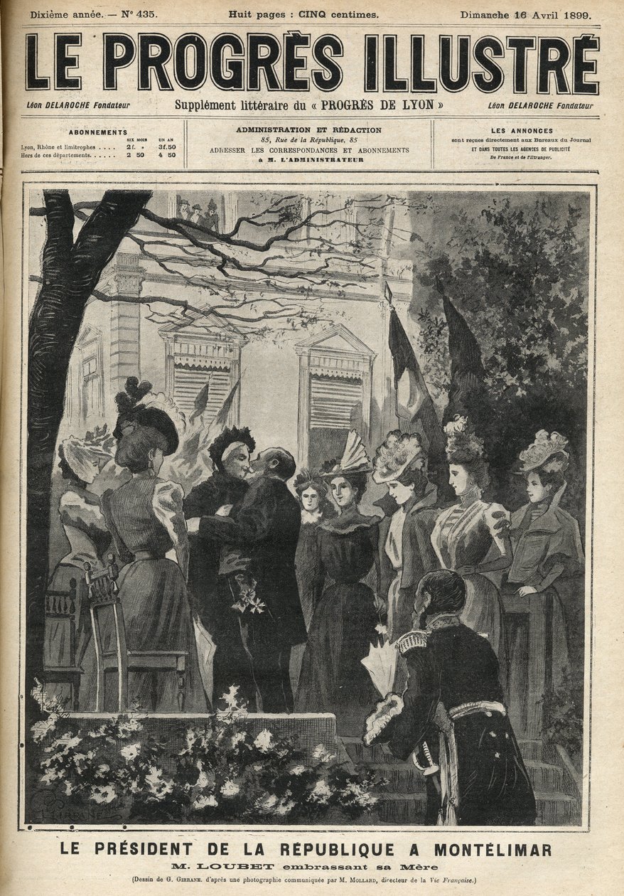 共和国大統領のモンテリマール（フランス・ドローム地方）への旅。エミール・ルベ（1838-1929）とその母親。1899年4月の「The illustrious progress」に掲載されたエングレーヴィング。 作： 無名の画家