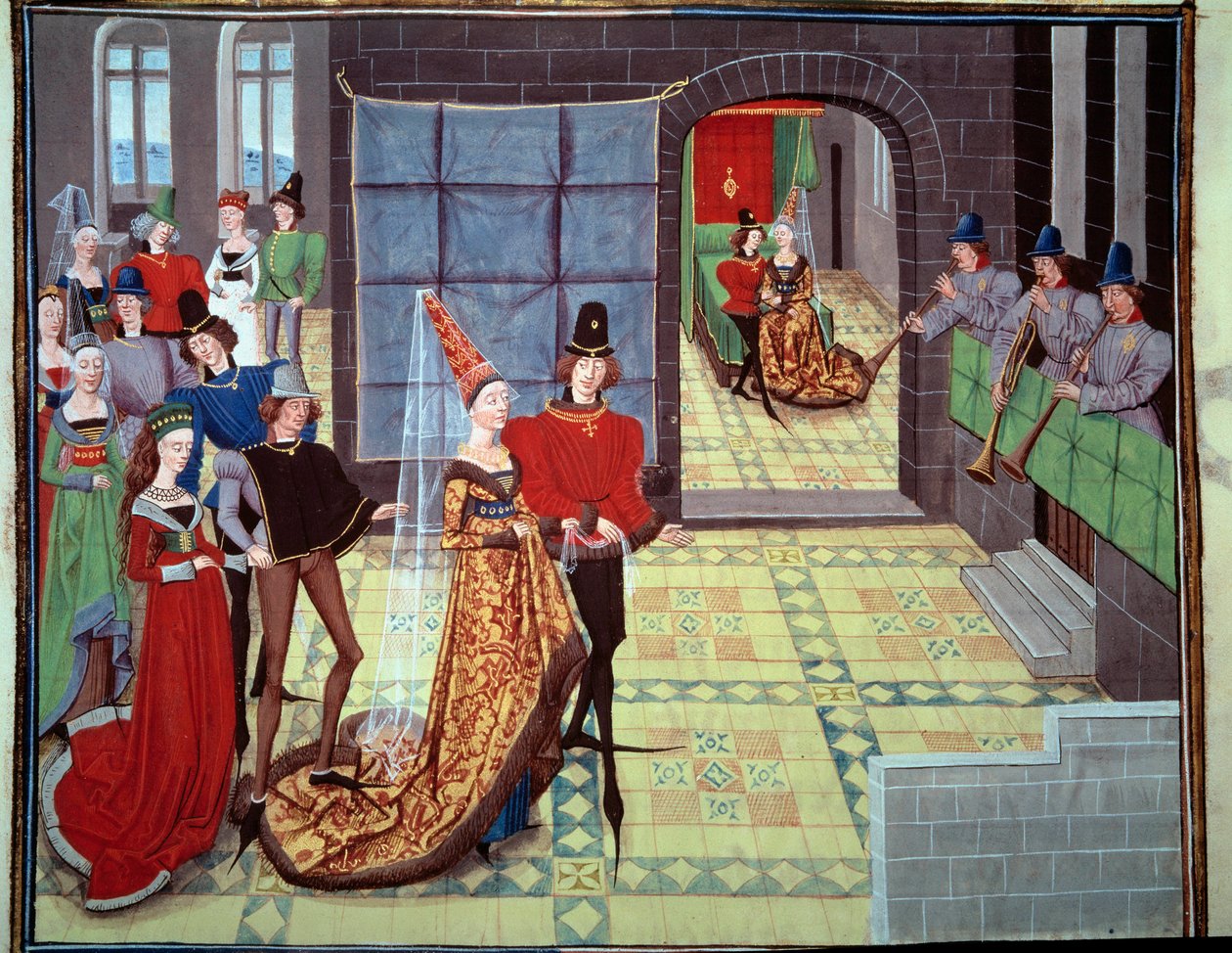 ルノーとクラリスの結婚式、背景は初夜の様子。Loyset Liedet（1448-1478年に活躍）の手稿「Renaud de Montauban」または「Les quatre fils Aymon」のミニチュア。Ms.5073。15世紀 パ・アルセナル図書館（Bibliotheque de l