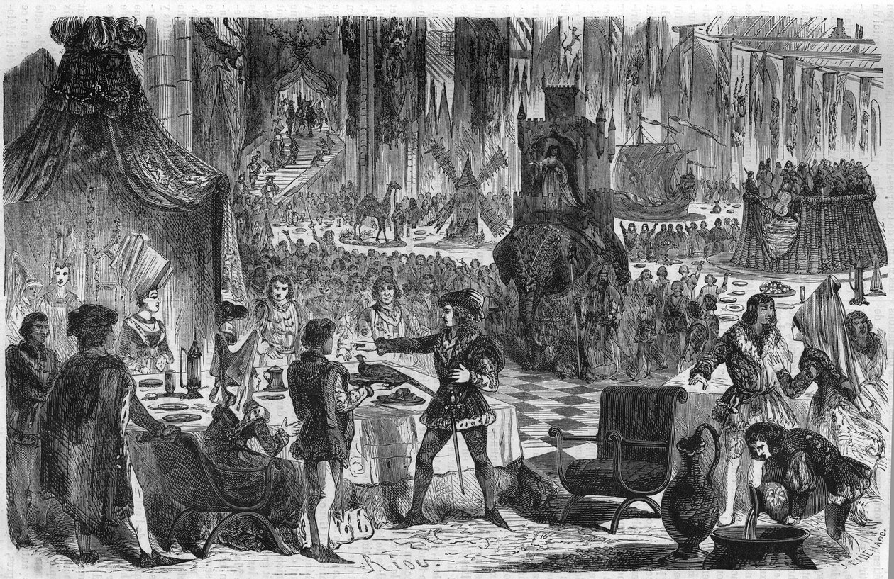 雉子の願い。ブルゴーニュ公フィリップ3世ル・ボン（1396-1467）は、1454年2月17日、コンスタンティノープルの皇帝と一緒に、サル・ド・リルのホテルで宴会を開いた。19世紀のエングレーヴィング。 作： 無名の画家