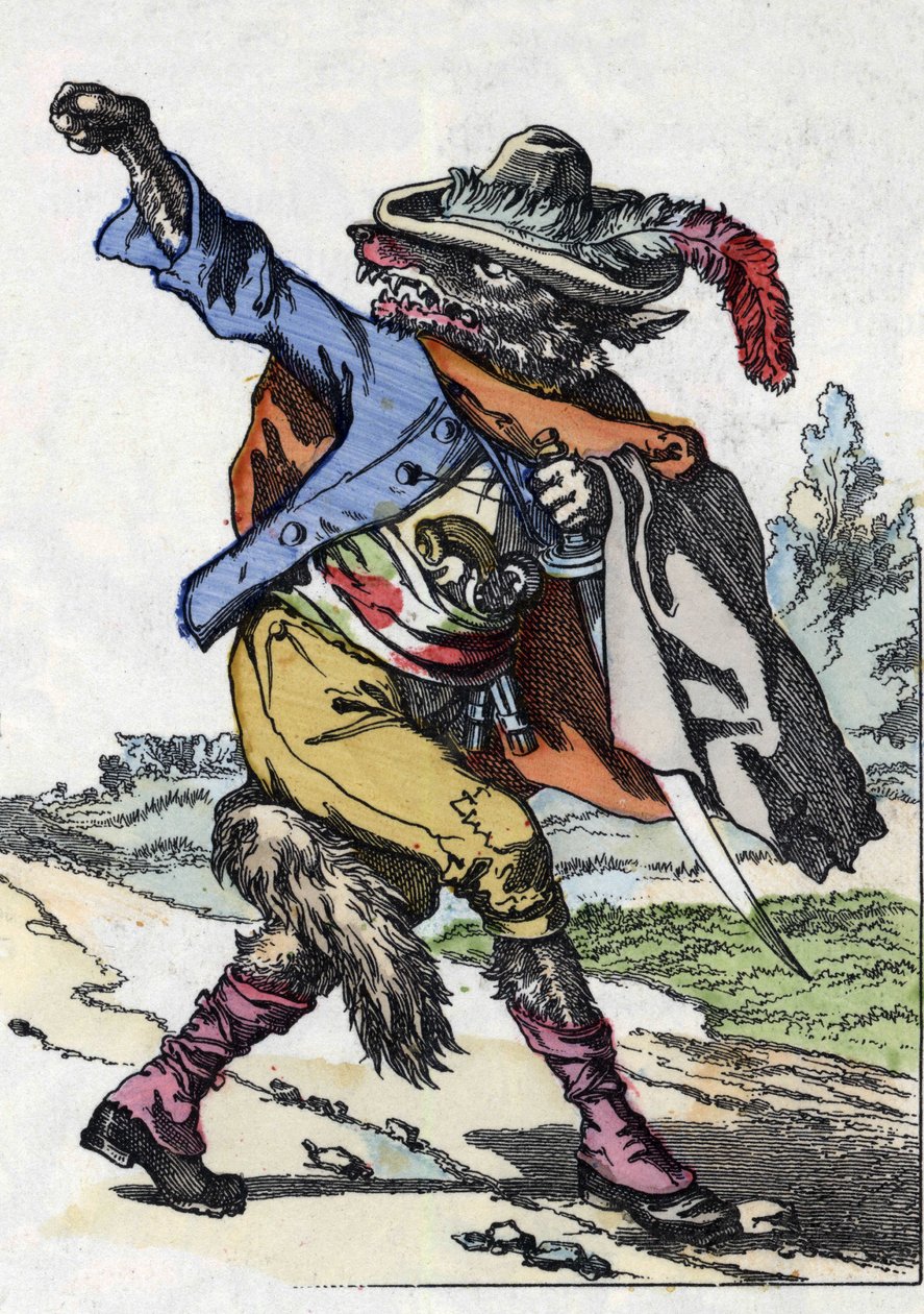 狼です。Compere le Loup, Maitre Renard, Comere la Chevre et ses petits biquets」という物語のイラストを、Jean de la Fontaineの寓話に倣って描いたもの。小さな子供たちのための家庭の物語」の中で。19世紀の匿名のエングレーヴィング。 作： 無名の画家