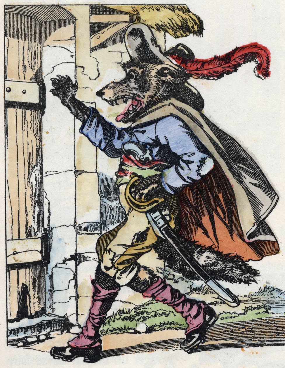 オオカミがビケの家のドアをノックする。Jean de la Fontaineの寓話にちなんだ物語「Compere le Loup, Maitre Renard, Comere la Chevre et ses petits biquets」の挿絵。小さな子供たちのための家の物語」で。Anonymous engraving o 作： 無名の画家