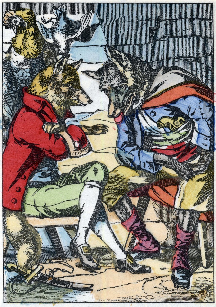 オオカミはキツネと再会する。Jean de la Fontaineの寓話をもとにした物語「Compere le Loup, Maitre Renard, Comere la Chevre et ses petits biquets」のイラスト。小さな子供たちのための家庭の物語」の中で。19世紀の匿名のエングレーヴィング。 作： 無名の画家