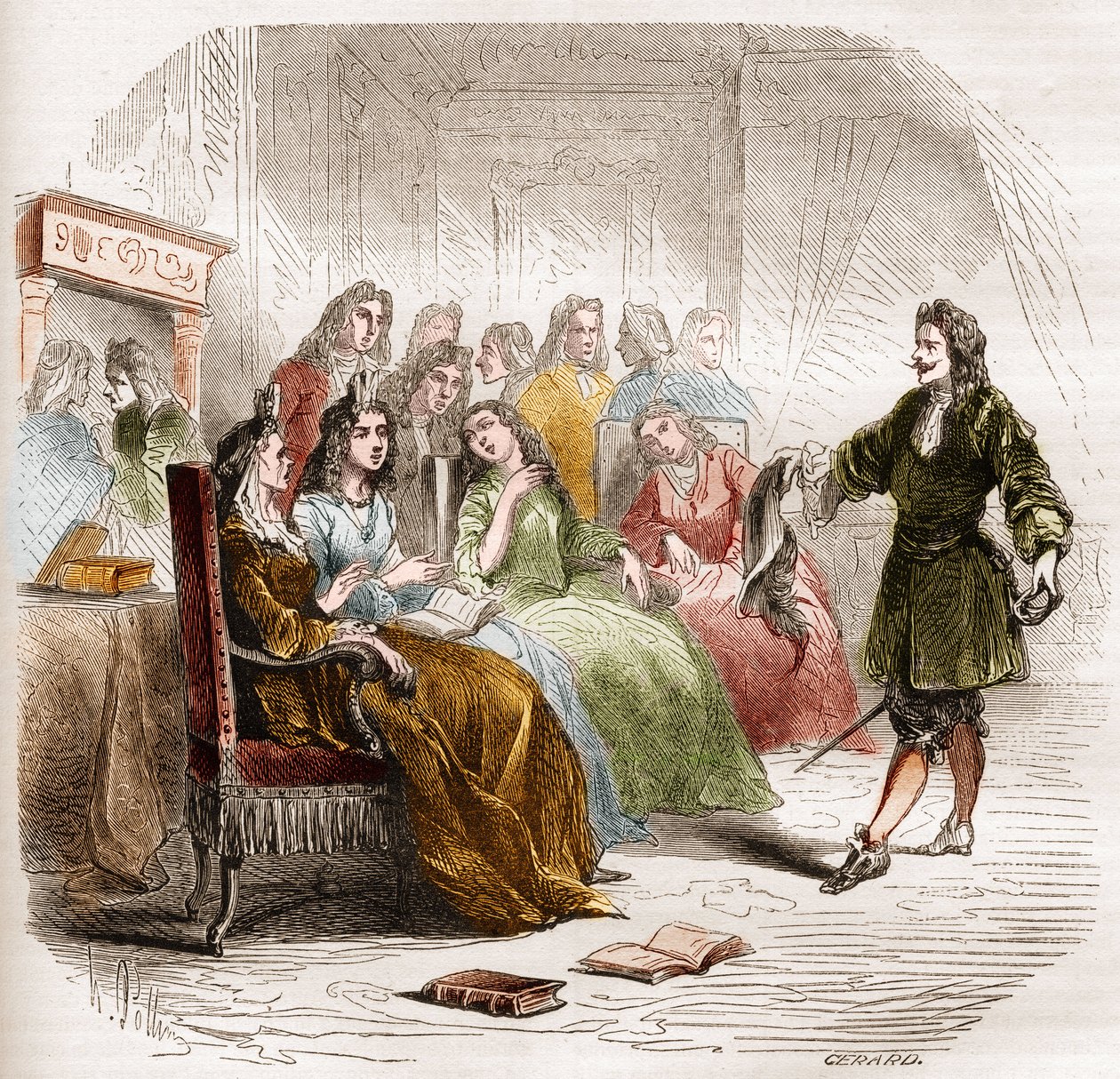 1650年、姉のマドレーヌ・ドゥ・スクデリが開いた文学サロンでの作家ジョルジュ・ド・スクデリ（1598-1667）の様子。1860年から1861年のエングレーヴィング。 作： 無名の画家