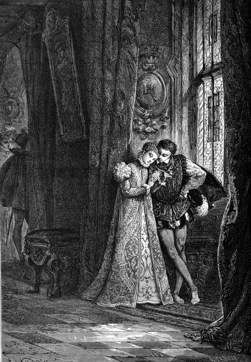 若き婚約者マリー・イレウスチュアート（1542 - 1587）とフランソワ2世（1544 - 1560）は、自分のことは棚に上げて打ち明けることを好んだ。19世紀のエングレーヴィング。 作： 無名の画家