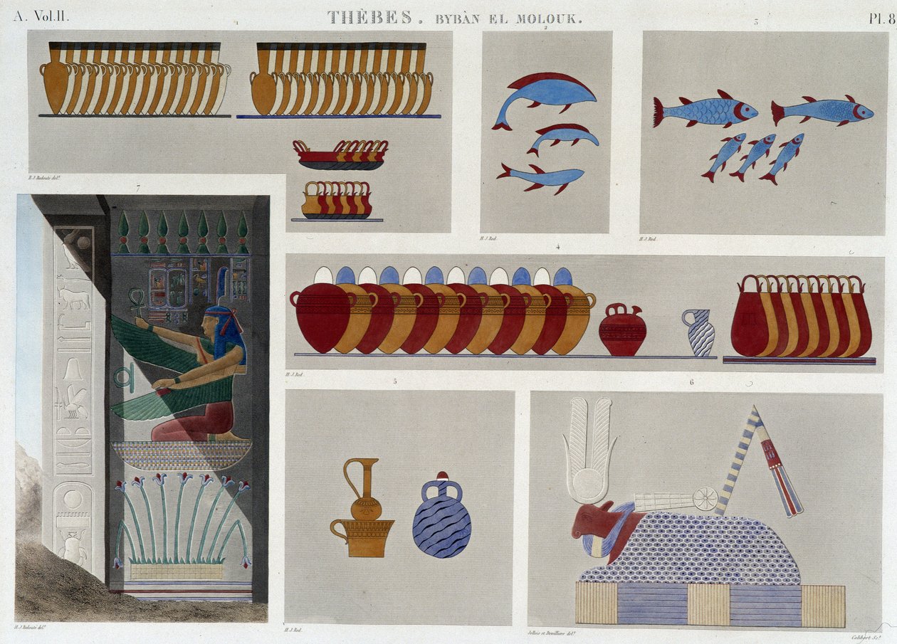 Thebes:pl 87: 東側の王の第5墓の絵画、「Egyptian Antiquites」の同墓入口の第7浮き彫り、sd.19世紀 作： 無名の画家
