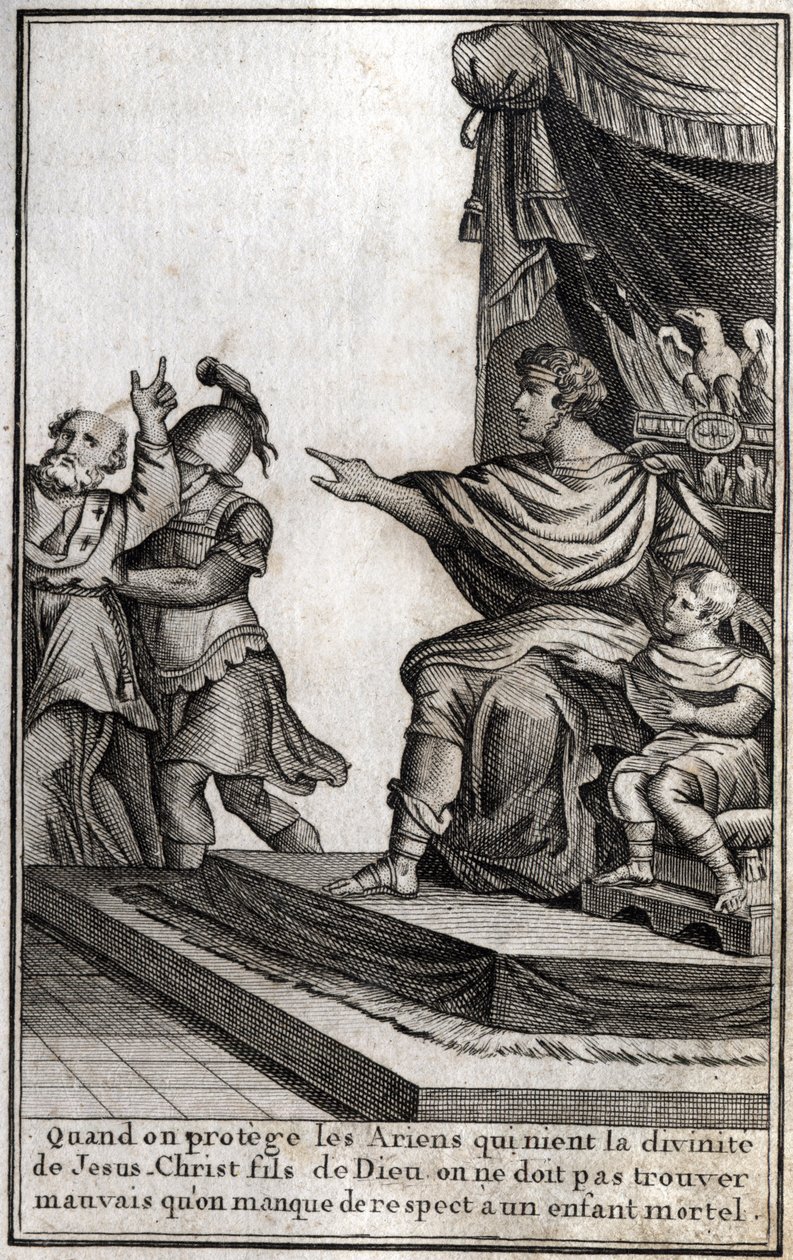 Theodosius I. (Flavius Theodosius) (347-395), römischer Kaiser, ließ Amphiloque, Bischof von Icone, wegen Respektlosigkeit gegenüber seinem Sohn Arcadius (377-408) verhaften. Der Bischof erklärte: "Wenn wir die Arianer schützen, die die Göttlichkeit Jesu C von Unknown artist