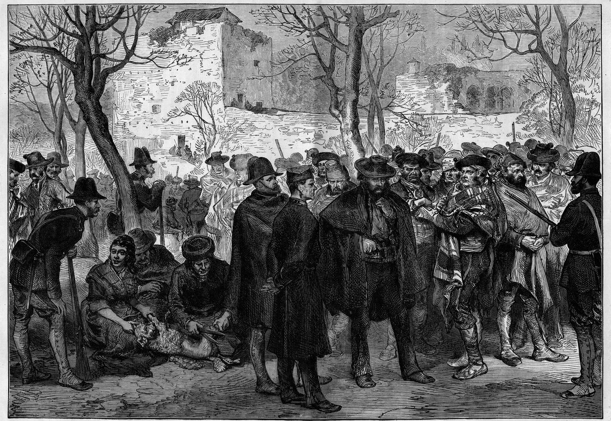 第三次カーリスト戦争（1872年〜1876年）。グラナダのアルハンブレでのカーリストの捕虜。 作： 無名の画家