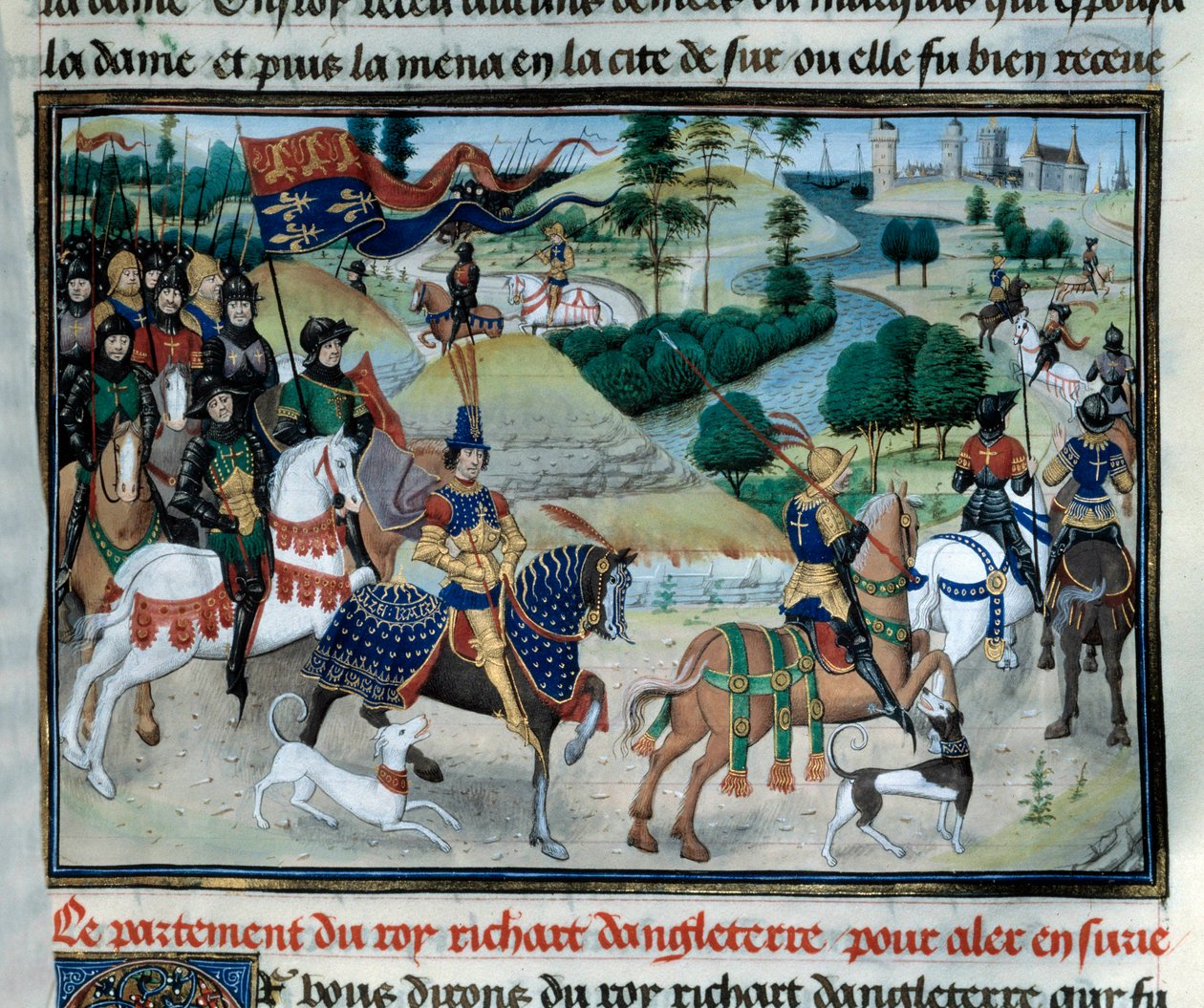 第3回十字軍リチャード・ライオン・ハート（またはイングランドのリチャード1世（1157-1199））は、1191年6月にキプロスを出発して聖地に向けて出航した。 ミニチュアはロイセット・リーデ（1420-1479）の「皇帝の年代記」から引用したもので、15世紀のもの。パリ、アーセナル図書館 作： 無名の画家