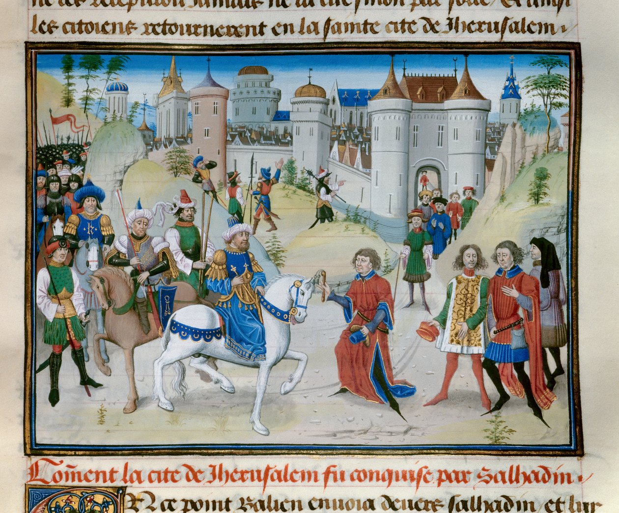 第三回十字軍：1187年、スルタン・サラディン（1138-1193）（Salah al-Din Yusuf al-Ayyubi (al-Ayyubi)）によるエルサレムの占領。ダビッド・オーベール作「Chronicle abregee」のミニチュア 作： 無名の画家