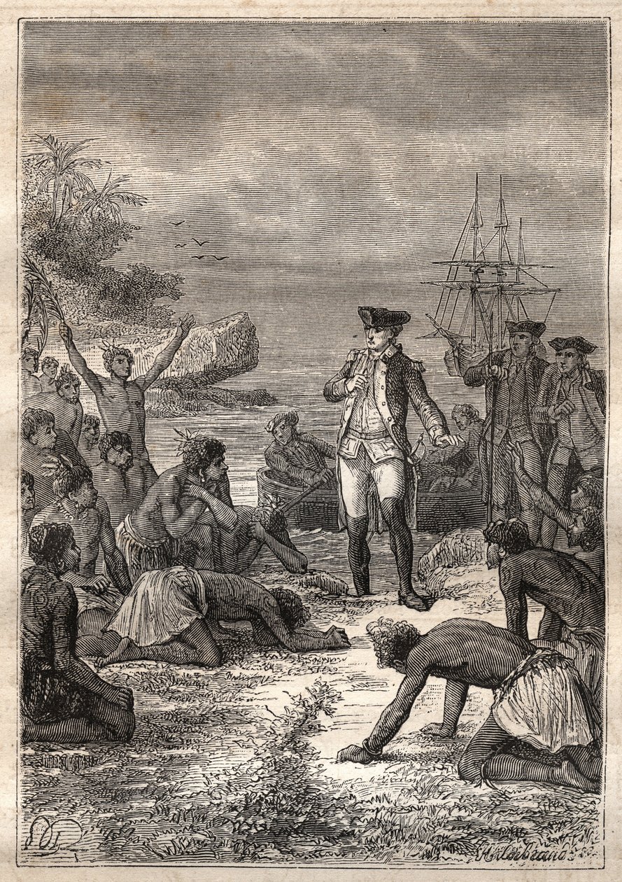 キャプテン・ジェームズ・クック（1728-1779）の第3回目の航海（1776-1779）。原住民（ハワイ）に歓迎されるクック - イラストは "The Great Mariners of the 18th century "より引用 作： 無名の画家