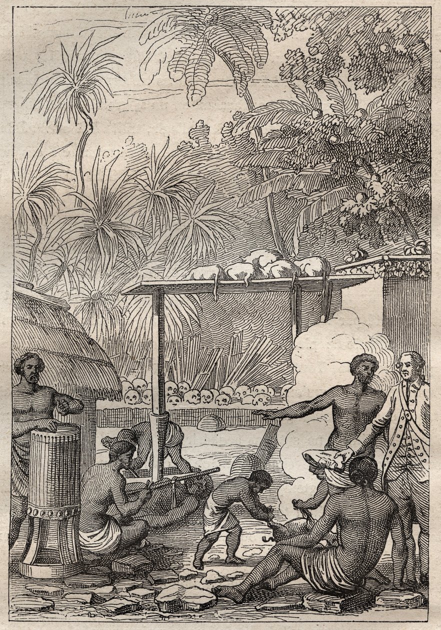 キャプテン・ジェームズ・クック（1728-1779）の第3回航海（1776-1779）：タヒチへの人身御供 - 図版は "The Great Mariners of 18th century "より引用 作： 無名の画家