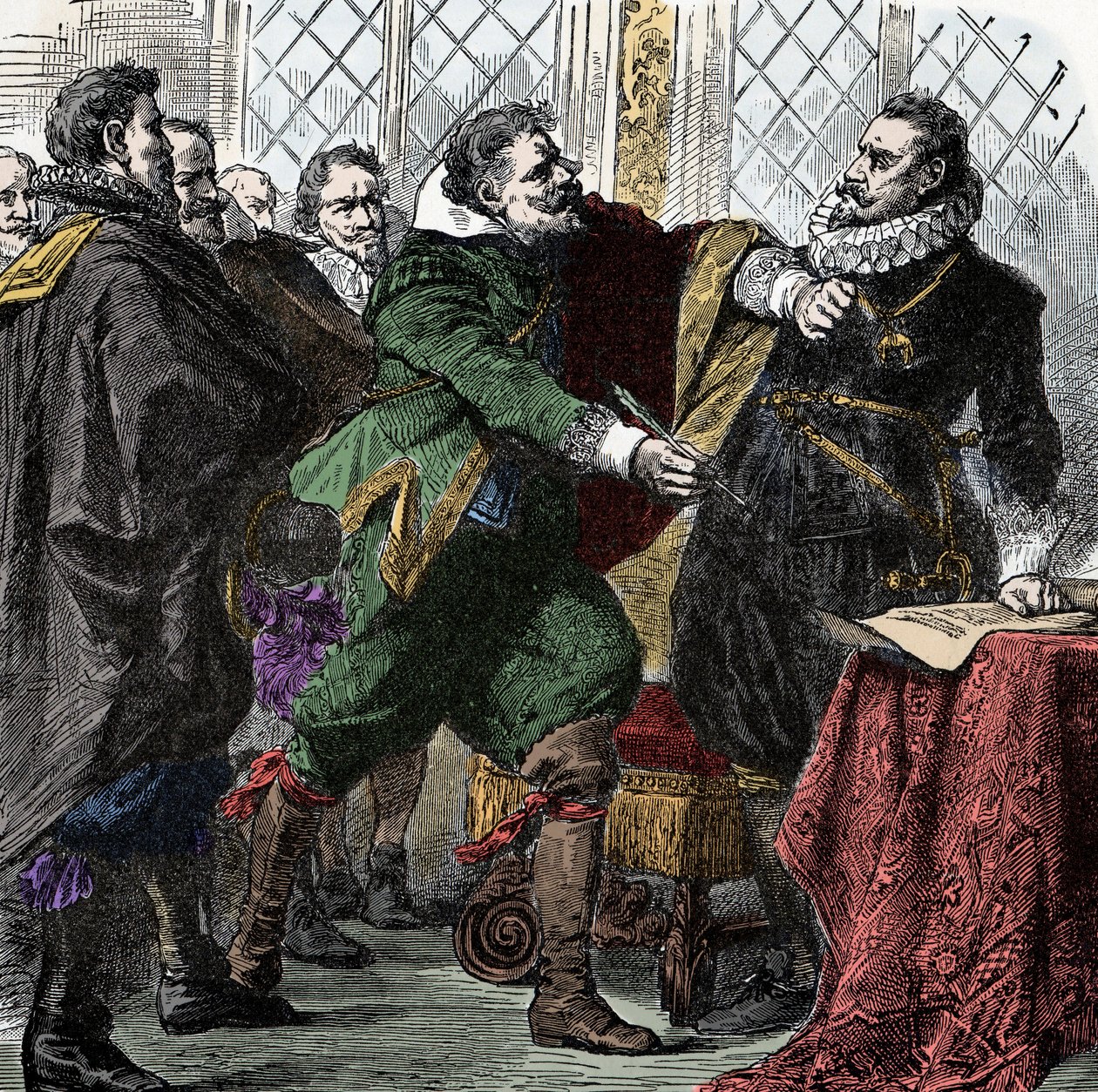 三十年戦争：サインして、ナンデル！？- 三十年戦争（1618-1648）。ポール・ヤコブ・フォン・スターヘンベルグ伯爵（1560-1635）が皇帝フェルディナンド2世（1578-1637）にボヘミアンの平和を回復するための協定に署名するよう求める。 作： 無名の画家