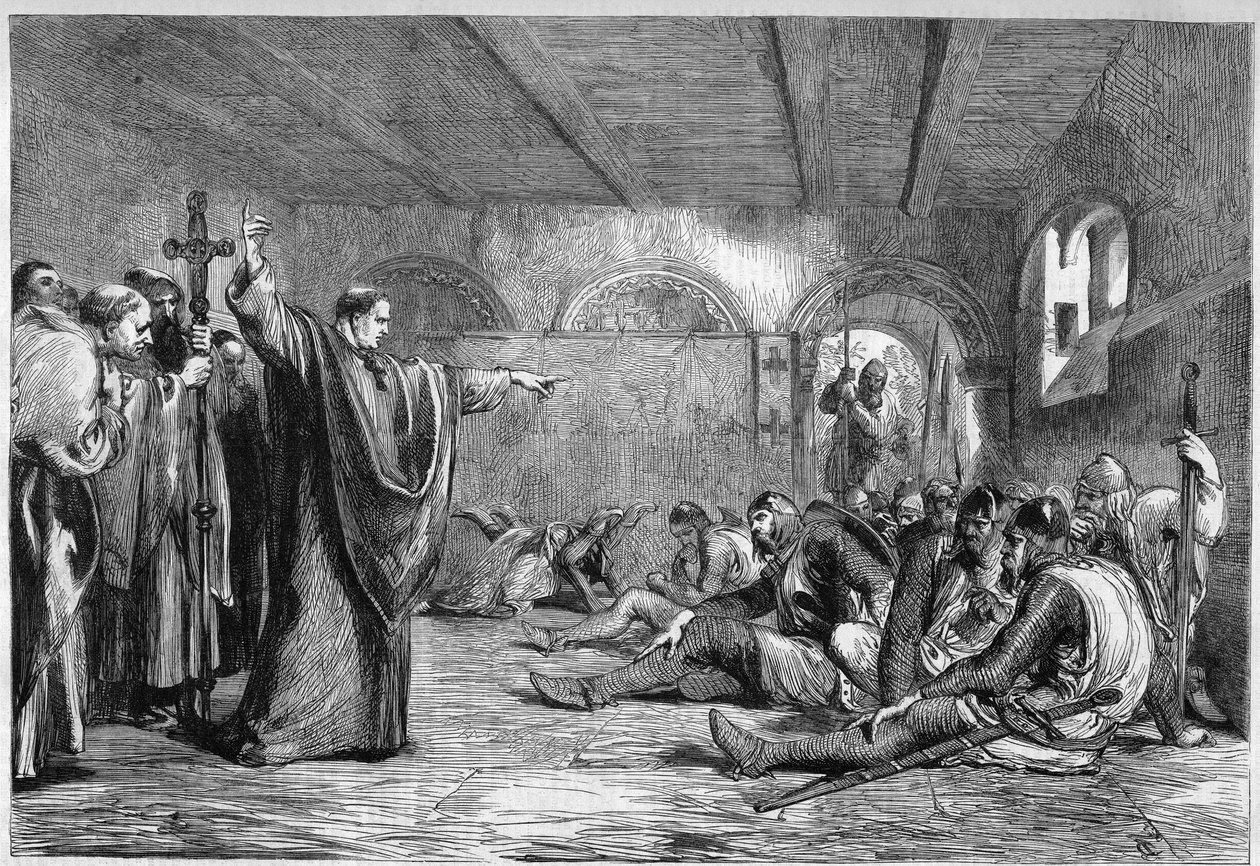 Thomas Becket starb am 29. Dezember 1170: der Erzbischof von Canterbury, Heiliger Thomas von Canterbury (1117-1170), trifft in seinen Gemächern auf seine Mörder, die Ritter William of Tracy, Richard der Bretone, Reginald Fitzurse, Hugues of Morville (Anhän von Unknown artist