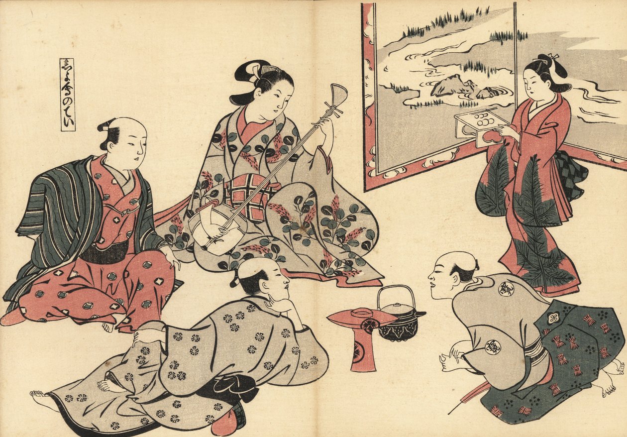 3 人の武士が花魁の三味線の演奏に耳を傾け、かむろが盆に食べ物を運びます。 奥村正信（1686-1764）による木版画「風俗絵巻物」、東京、1880年頃の再版。 作： 無名の画家